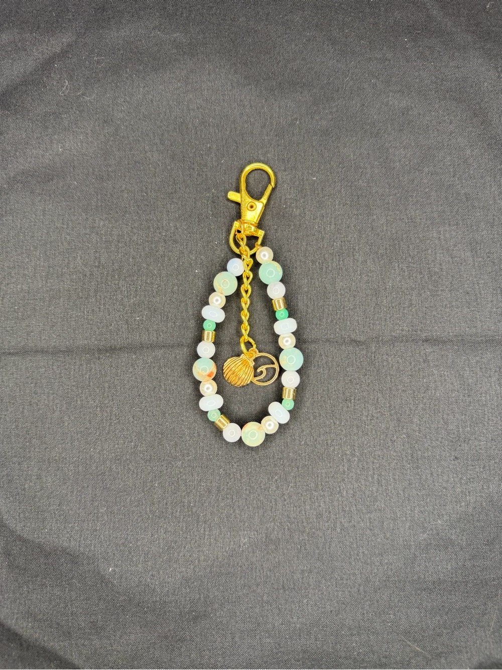 Gold Clip Beaded Keychain with Mint and White Beads
